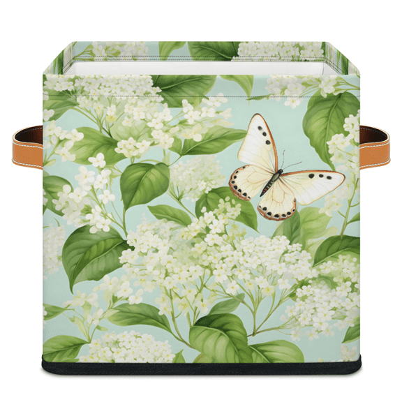 CURLYOOT Sage Green Floral Butterfly 11 x 11 Inch Cube Storage Bin, Decorative Storage Cube Foldable Basket with Leather Handle, Fabric Bin for Closet Shelves Home Organizer