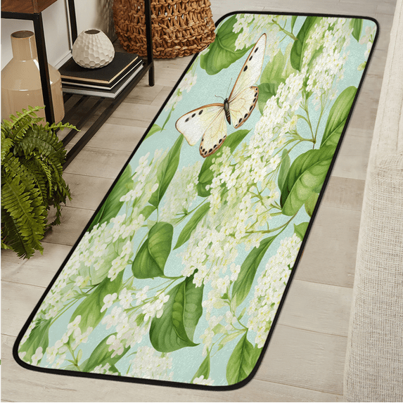 CURLYOOT Sage Green Floral Butterfly Runner Rug 2'x6' Washable Kitchen Runner Rug Indoor Non Slip Laundry Rugs Floor Carpet for Hallway Kitchen Entryway Bedroom Living Room