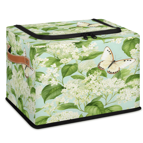 CURLYOOT Sage Green Floral Butterfly Storage Bin with Zipper Lid, Foldable Clothes Organizer Lidded Storage Baskets, Rectangular Box Closet Shelf Organizer for Living Room Bedroom Home
