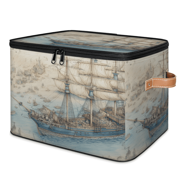 CURLYOOT Sailing Ocean Ship Storage Bin with Zipper Lid, Fabric Decorative Lidded Storage Baskets Boxes, Foldable Organizer Container Basket for Bedroom Closet Shelf