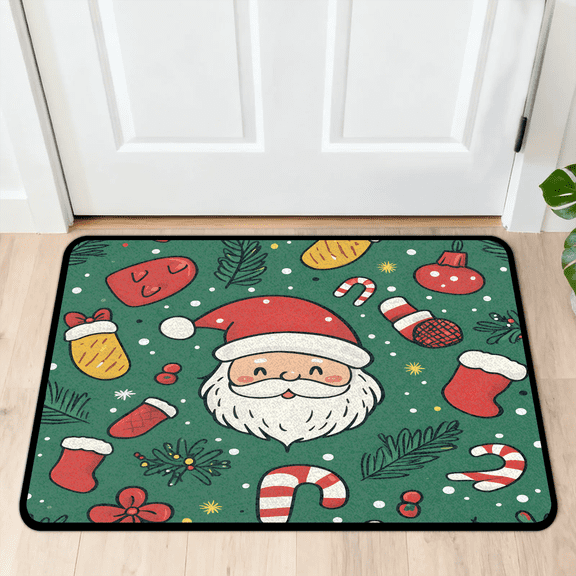 CURLYOOT Santa Claus Door Mat 24" x 36" Absorbent Front Doormat Entrance Mat Non-Slip Washable Welcome Mats Candy Canes Floor Mats for Entryway Indoor Outdoor