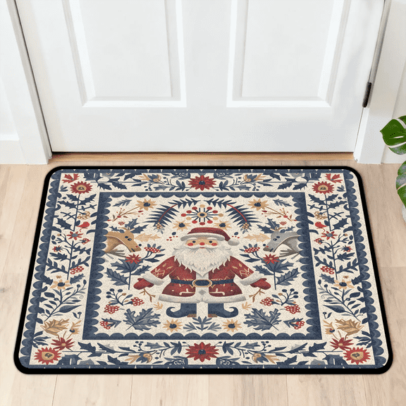 CURLYOOT Santa Claus Door Mat 24" x 36" Absorbent Front Doormat Entrance Mat Non-Slip Washable Welcome Mats Poinsettia Flower Floor Mats for Entryway Indoor Outdoor