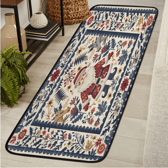 CURLYOOT Santa Claus Runner Rug 2'x6' Washable Kitchen Runner Rug Indoor Non Slip Laundry Rugs Poinsettia Flower Floor Carpet for Hallway Kitchen Entryway Bedroom Living Room