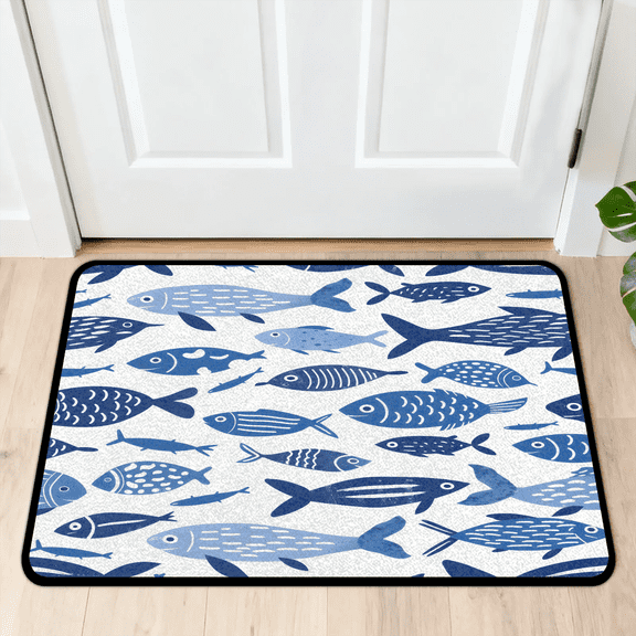 CURLYOOT Sea Ocean Fish Blue Indoor Doormat, Non-Slip Absorbent Door Mat 24" x 16", Entrance Floor Mat Washable Entry Doormats for Entryway Front Back Door