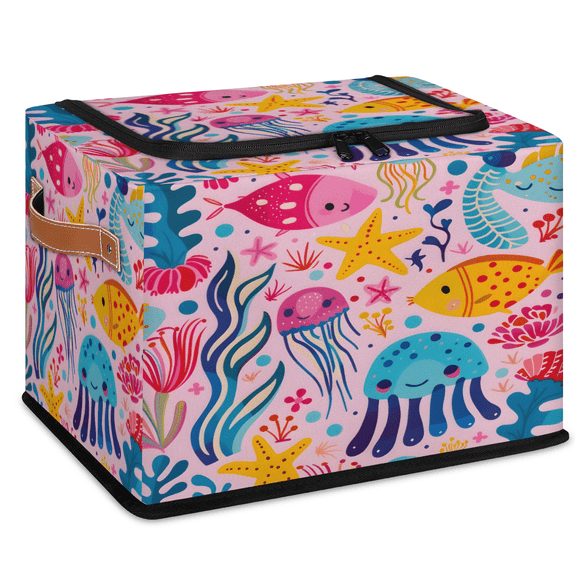 CURLYOOT Under The Sea Ocean Fish Storage Bin With Zipper Lid, Foldable Clothes Organizer Lidded Storage Baskets, Rectangular Box Closet Shelf Container Organizer for Home Dorm