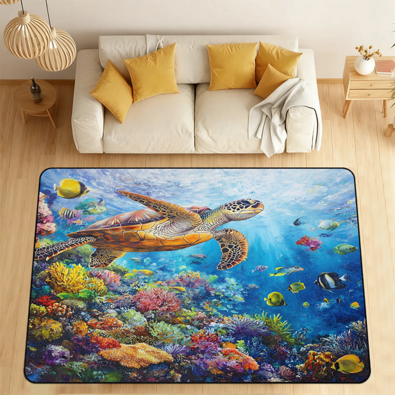 CURLYOOT Sea Turtle Animal under the Ocean Area Rugs for Living Room Bedroom, 4' 10" x 6' 8" Washable Rug, Floor Carpet with Non Slip Backing for Dining Room Indoor