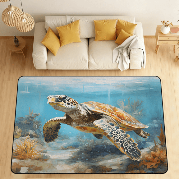 CURLYOOT Sea Turtle Area Rugs for Living Room Bedroom, 4' 10" x 6' 8" Washable Rug, Coastal Turtle Floor Carpet with Non Slip Backing for Dining Room Indoor