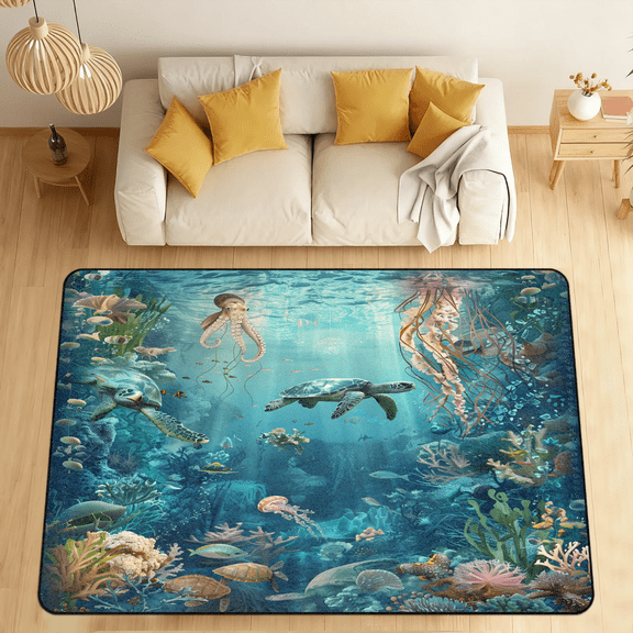 CURLYOOT Sea Turtle Blue Ocean Animal Area Rugs 5'x7' Washable Rug Large Living Room Rug Non Slip Indoor Floor Carpet for Dining Room Bedroom Home
