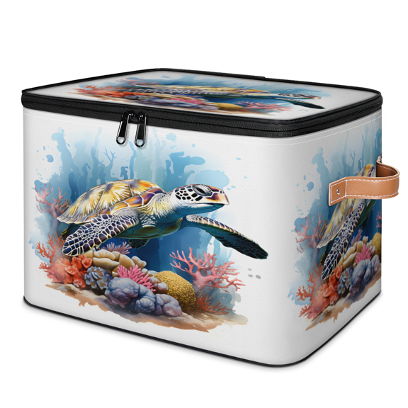 CURLYOOT Sea Turtle Fabric Storage Bins with Lids, Foldable Storage Boxes Washable Storage Cube, Closet Bedroom Home Organizer Containers with PU Leather Handles