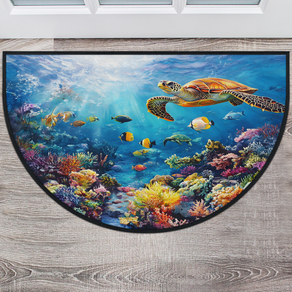CURLYOOT Sea Turtle under the Ocean Half Round Door Mat 24'' x 36'', Indoor Outdoor Entrance Rug, Semi Circular Area Rug, Non Slip Washable Absorbent Doormat, Laundry Room Rug