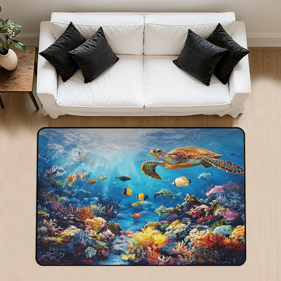 CURLYOOT Sea Turtle under the Ocean Rug for Living Room Bedroom, 4x6 Ft Washable Area Rug, Non Slip Rugs for Entryway, Large Carpet for Indoor Dining Room