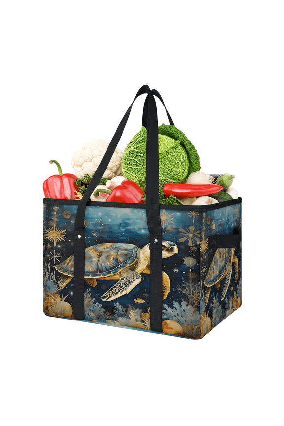 Sea Turtle Reusable Grocery Bag, Large Foldable Grocery Totes Shopping Bag for Groceries, Coastal Nautical Shopping Bags with Handles for Kitchen Trunk Picnic