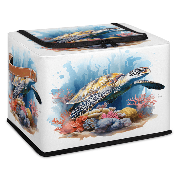 CURLYOOT Sea Turtle Storage Bin With Zipper Lid, Foldable Clothes Organizer Lidded Storage Baskets, Rectangular Box Closet Shelf Organizer for Bedroom Living Room