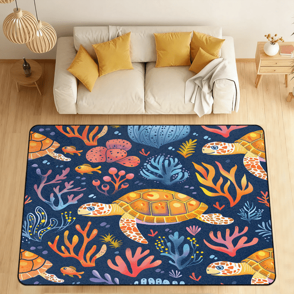 CURLYOOT Sea turtles Area Rugs for Living Room Bedroom, 4' 10" x 6' 8" Washable Rug, Coastal Coral Floor Carpet with Non Slip Backing for Dining Room Indoor