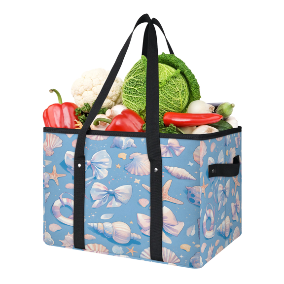 CURLYOOT Seashell Bow Sea Themed Reusable Grocery Bag, Foldable Shopping Tote Bag with Reinforced Handles, Large Kitchen Grocery Bags for Shopping Groceries Picnic