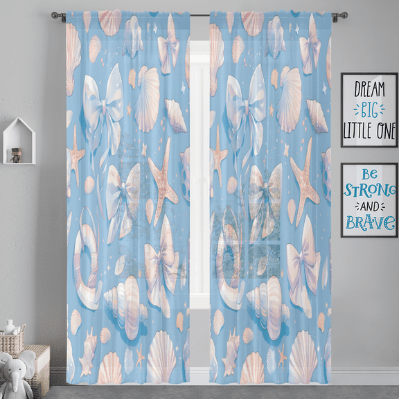 CURLYOOT Seashell Bow Sea Themed Sheer Curtains 84 Inches Long, 2 Panels Set, Rod Pocket Semi Sheer Light Filtering Window Drapes for Bedroom, Living Room, 52 x 84 Inch