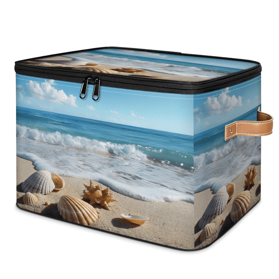 CURLYOOT Seashell Fabric Storage Bins with Lids, Ocean Starfish Foldable Storage Boxes Washable Storage Cube, Closet Bedroom Home Organizer Containers with PU Leather Handles
