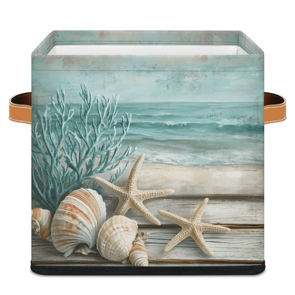 CURLYOOT Seashell Starfish Coral Retro Wood 11 x 11 Inch Cube Storage Bin, Fabric Storage Cube Foldable Basket with Leather Handles, Organizer Basket for Closet Shelves