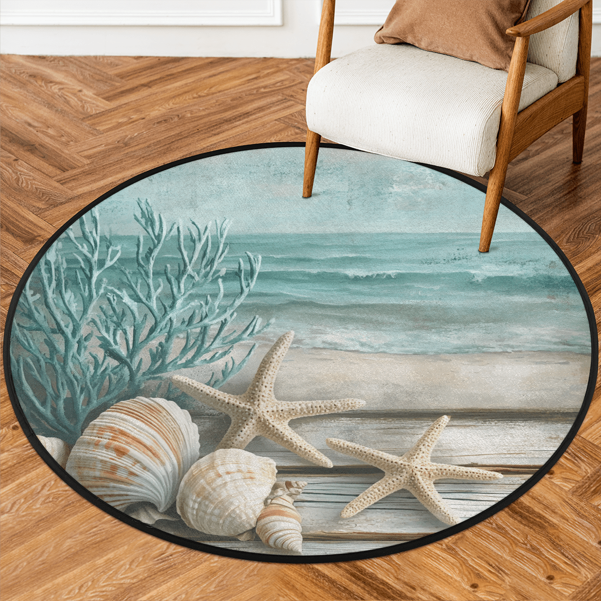 Seashell Area Rug CURLYOOT Seashell Starfish Coral Retro Wood 5.2ft Round Rug for Living ...