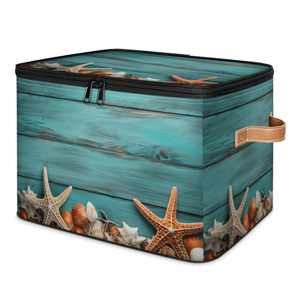 CURLYOOT Seashell Starfish Storage Bins with Zipper Lid Fabric Storage Baskets Boxes Rustic Wooden Washable Foldable Clothes Organizer Container with Leather Handles for Shelves Closet