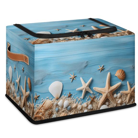 CURLYOOT Seashell Storage Bin with Zipper Lid Foldable Storage Basket Box starfish Clothes Organizer Container for Closet, Shelf, Bedroom, Home Decor
