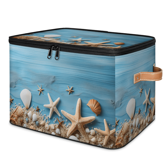 CURLYOOT Seashell Storage Bins with Zipper Lid Fabric Storage Baskets Boxes starfish Washable Foldable Clothes Organizer Container with Leather Handles for Shelves Closet