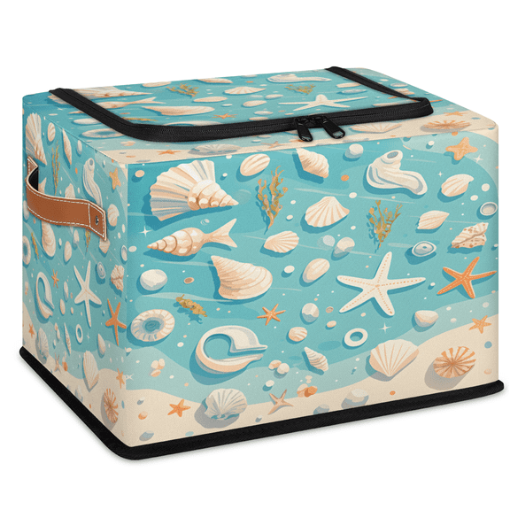CURLYOOT Seashells Scallop Conch Tropics Seaside Storage Bin with Zipper Lid, Fabric Storage Basket with Handles, Decorative Foldable Storages Box Clothes Organizer for Closet, Shelf
