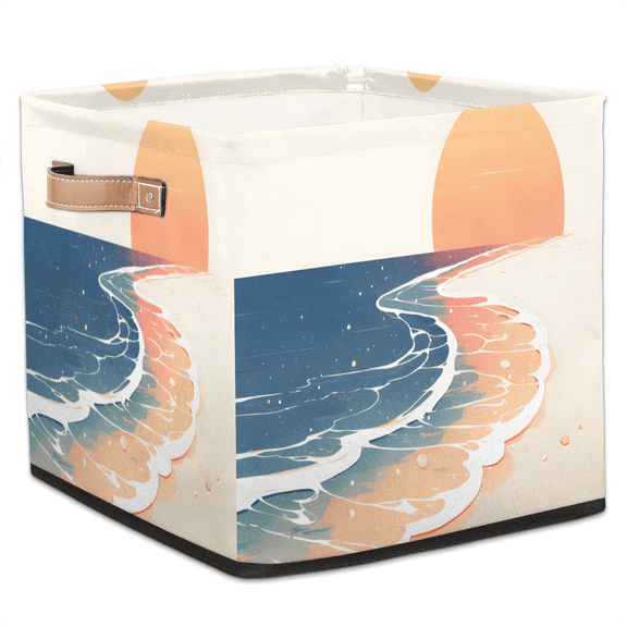 CURLYOOT Seaside Sunset Boho Scenery Cube Storage Bin, 13 x 13 x 13 Storage Cube Bins for Organizing, Fabric Foldable Baskets with Handles for Closet, Shelves, Clothes