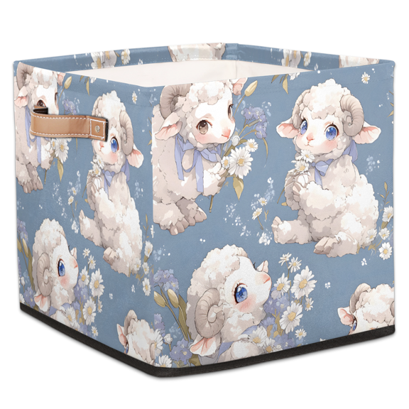 CURLYOOT Sheep Animal Daisy Flower Cube Storage Bin, 13 x 13 x 13 Storage Cube Bins for Organizing, Fabric Foldable Closet Baskets with Handles for Closet, Shelves, Clothes
