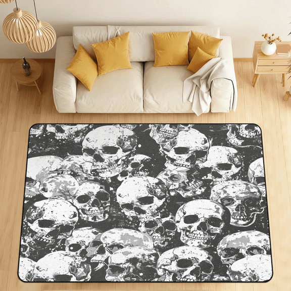 CURLYOOT Skull Area Rugs for Living Room Bedroom, 4' 10" x 6' 8" Washable Rug, Black White Skeleton Floor Carpet with Non Slip Backing for Dining Room Indoor