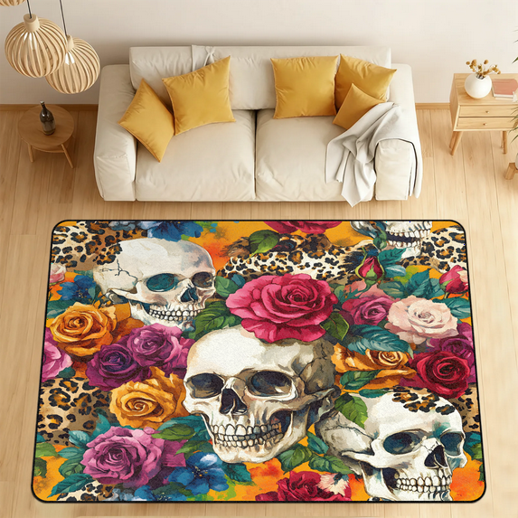 CURLYOOT Skull Flower Area Rugs 5'x7' Washable Rug Large Living Room Rug Non Slip Leopard Print Indoor Floor Carpet for Dining Room Bedroom Home