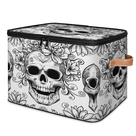 CURLYOOT Skull Gothic Skeleton Fabric Storage Bins with Lids, Goth Black Floral Foldable Storage Boxes Washable Storage Cube, Closet Bedroom Home Organizer Containers with Handles