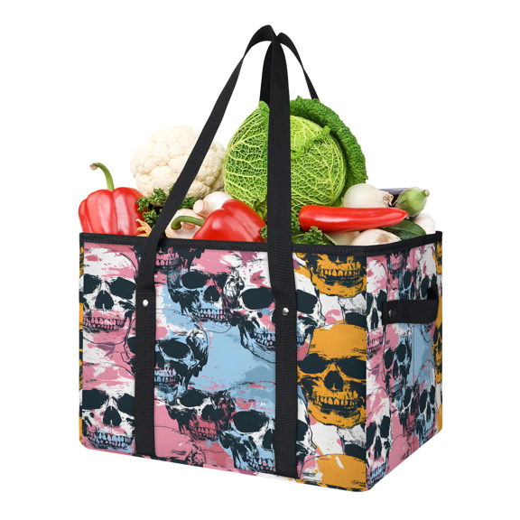 CURLYOOT Skull Pattern Reusable Grocery Bag, Large Foldable Grocery Totes Shopping Bag for Groceries, Shopping Bags with Handles for Kitchen Trunk Picnic