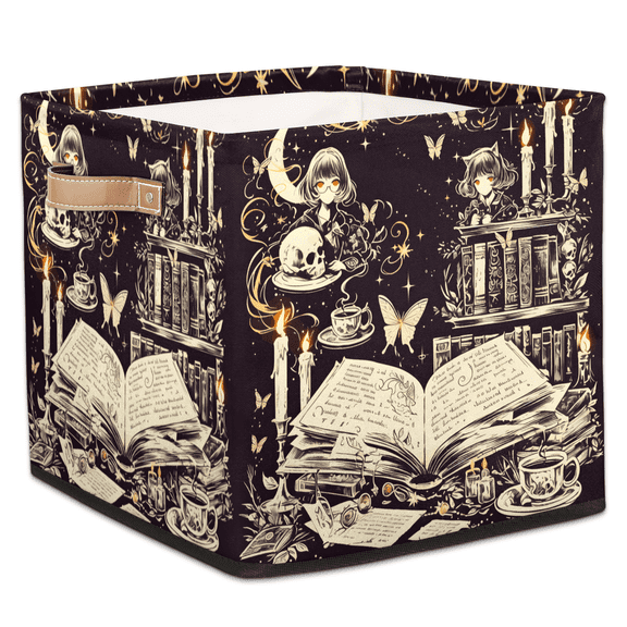 CURLYOOT Skull Skeleton Cube Storage Bin, 13 x 13 x 13 Storage Cube Bins for Organizing, Witchy Gothic Black Starry Fabric Foldable Baskets with Handles for Closet, Shelves, Clothes