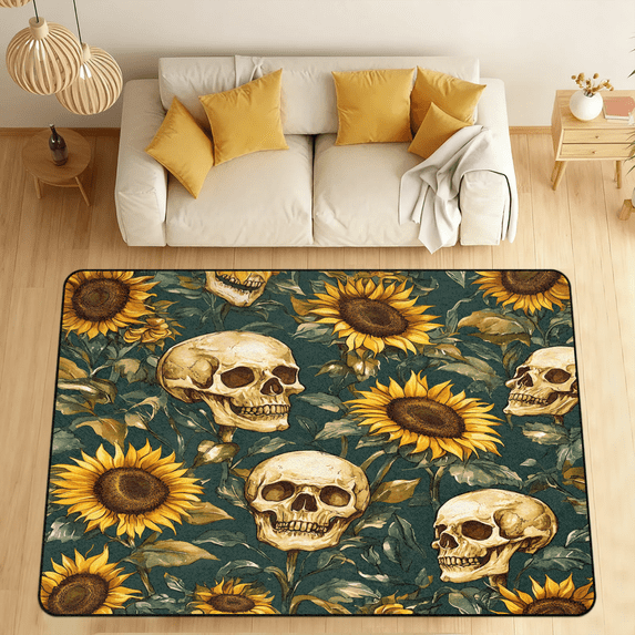 CURLYOOT Skull Sunflower Area Rugs 5'x7' Washable Rug Large Living Room Rug Non Slip Halloween Indoor Floor Carpet for Dining Room Bedroom Home
