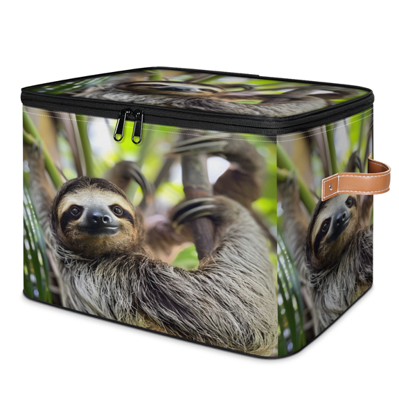 CURLYOOT Sloth Fabric Storage Bins with Lids, Funny Animal Foldable Storage Boxes Washable Storage Cube, Closet Bedroom Home Organizer Containers with PU Leather Handles
