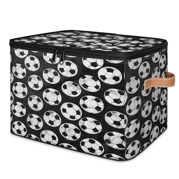 CURLYOOT Soccer Ball Fabric Storage Bins with Lids, Soccer Foldable Storage Boxes Washable Storage Cube, Closet Bedroom Home Organizer Containers with PU Leather Handles