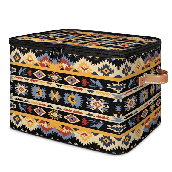 CURLYOOT Southwest Geometric Stripes Storage Bins with Zipper Lid Fabric Storage Baskets Boxes Aztec Washable Foldable Clothes Organizer Container with Leather Handles for Shelves Closet