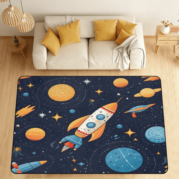 CURLYOOT Spaceship Rocket Ship Galaxy Theme Area Rugs 5'x7' Washable Rug Large Living Room Rug Non Slip Indoor Floor Carpet for Dining Room Bedroom Home