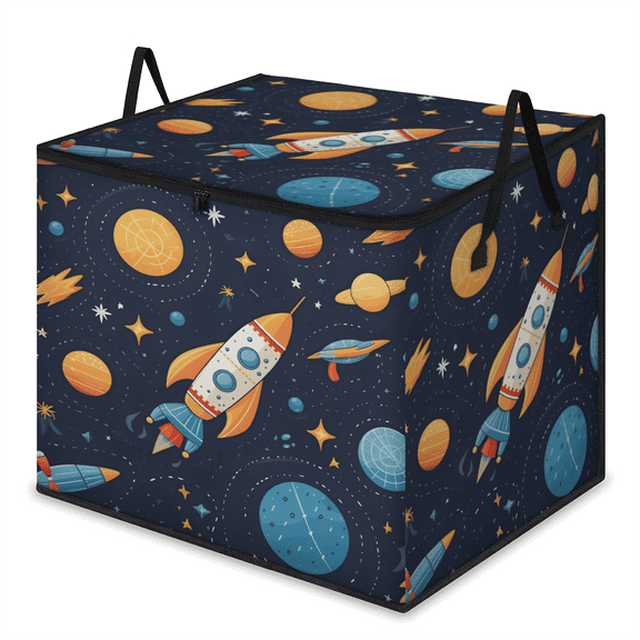 CURLYOOT Spaceship Rocket Ship Galaxy Theme Large Storage Bag, Clothes Storage Bin Foldable Closet Organizer with Handle, Fabric Storage Containers for Clothing, Blanket, Comforter, Bedding