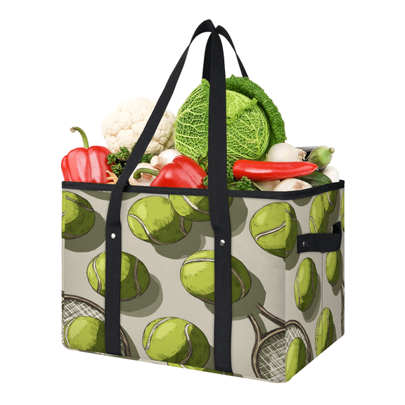CURLYOOT Sports Tennis Reusable Grocery Bag, Foldable Shopping Tote Bag with Reinforced Handles, Large Kitchen Grocery Bags for Shopping Groceries Picnic