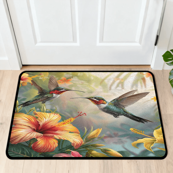 CURLYOOT Spring Birds Flower Hummingbird Indoor Doormat, Non-Slip Absorbent Door Mat 24" x 16", Entrance Floor Mat Washable Entry Doormats for Entryway Front Back Door
