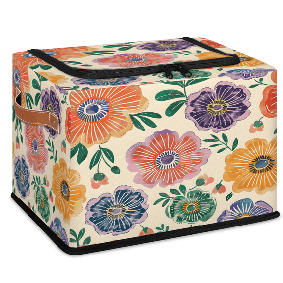 CURLYOOT Spring Boho Floral Storage Bin With Zipper Lid, Foldable Clothes Organizer Lidded Storage Baskets, Rectangular Box Closet Shelf Organizer