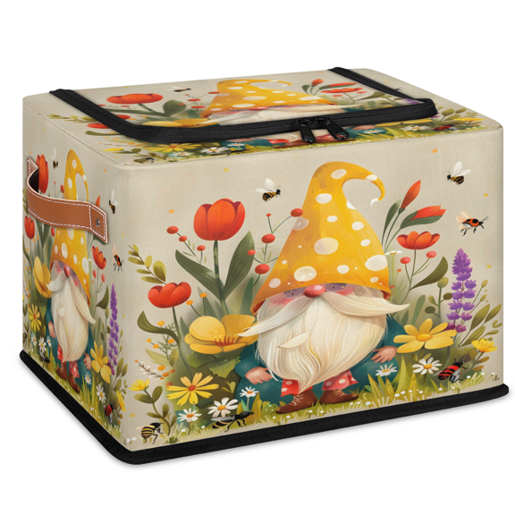 CURLYOOT Spring Cute Gnome Flower Storage Bin With Zipper Lid, Foldable Clothes Organizer Lidded Storage Baskets, Rectangular Box Closet Shelf Container Organizer for Home Dorm