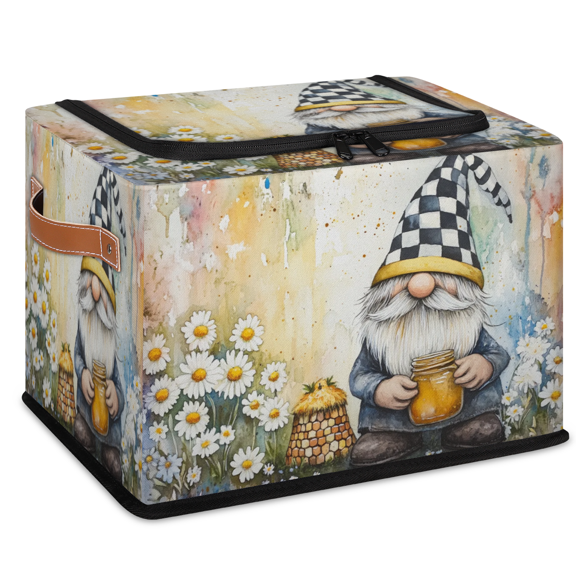 CURLYOOT Spring Cute Gnome and Flower Storage Bin With Zipper Lid, Foldable Clothes Organizer Lidded Storage Baskets, Rectangular Box Closet Shelf Organizer for Bedroom Living Room