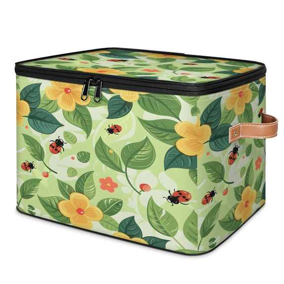 CURLYOOT Spring Fabric Storage Bins with Lids, Ladybugs Foldable Storage Boxes Washable Storage Cube, Closet Bedroom Home Organizer Containers with PU Leather Handles