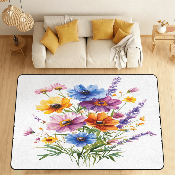 CURLYOOT Spring Farmhouse Flower Floral Area Rugs 5'x7' Washable Rug Large Living Room Rug Non Slip Indoor Floor Carpet for Dining Room Bedroom Home