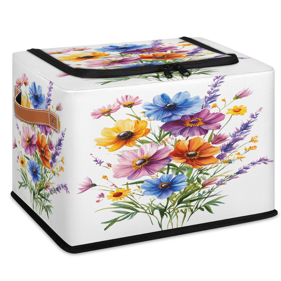 CURLYOOT Spring Farmhouse Flower Floral Storage Bin with Zipper Lid, Foldable Clothes Organizer Lidded Storage Baskets, Rectangular Box Closet Shelf Organizer for Living Room Bedroom Home