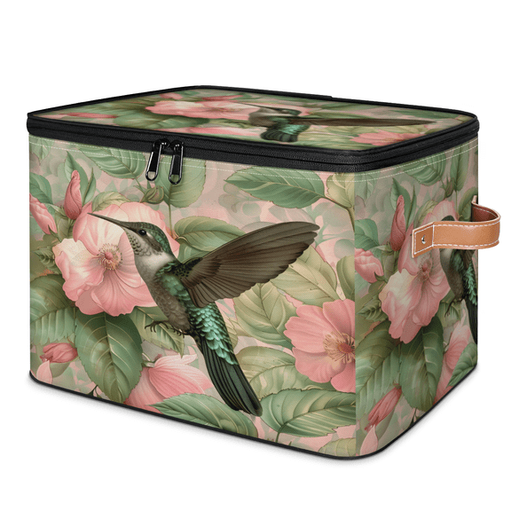 CURLYOOT Spring Floral Bird Fabric Storage Bins with Lids, Flower Hummingbird Foldable Storage Boxes Washable Storage Cube, Closet Bedroom Home Organizer Containers with PU Leather Handles