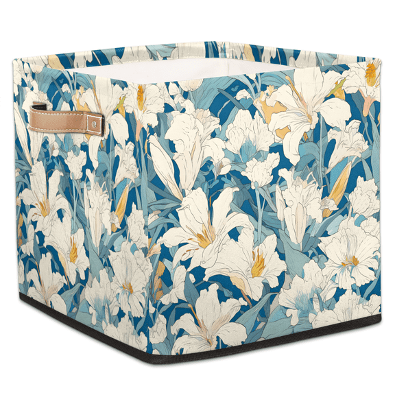 CURLYOOT Spring Flower Blue White Cube Storage Bin, 13 x 13 x 13 Storage Cube Bins for Organizing, Fabric Foldable Baskets with Handles for Closet, Shelves, Clothes